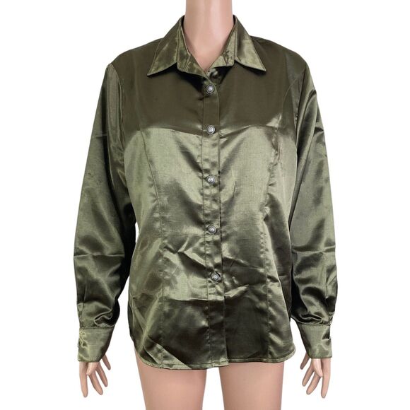vintage aurora designs shirt womens large Olive Satin button Front - Picture 12 of 12